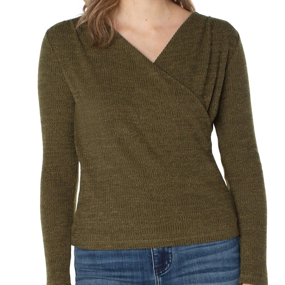 NWT Liverpool Long Sleeve Drape Front Knit Top In Olive Melange